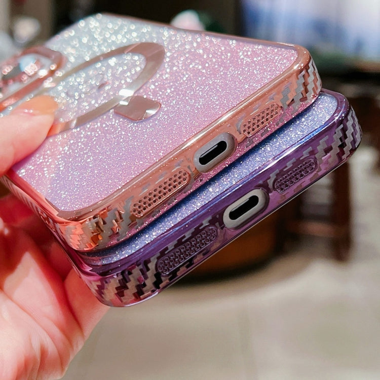 For iPhone 12 Loves Gradient Glitter Carbon Fiber Magsafe TPU Phone Case(Purple) - iPhone 12 / 12 Pro Cases by buy2fix | Online Shopping UK | buy2fix