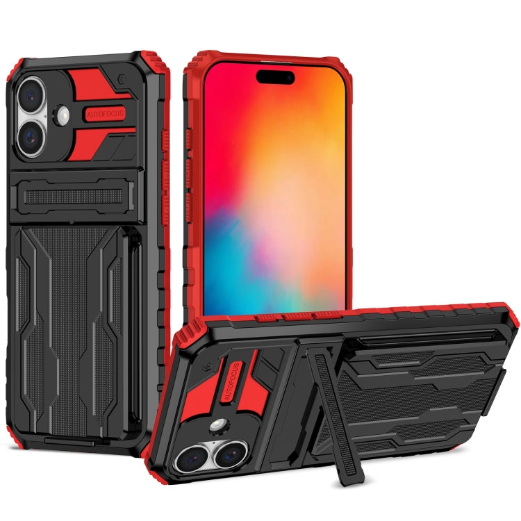 For iPhone 16 Kickstand Armor Card Wallet Phone Case(Red) - iPhone 16 Cases by buy2fix | Online Shopping UK | buy2fix