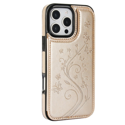 For iPhone 16 Pro Max Double Buckle Butterfly Embossing PU Phone Case(Gold) - iPhone 16 Pro Max Cases by buy2fix | Online Shopping UK | buy2fix