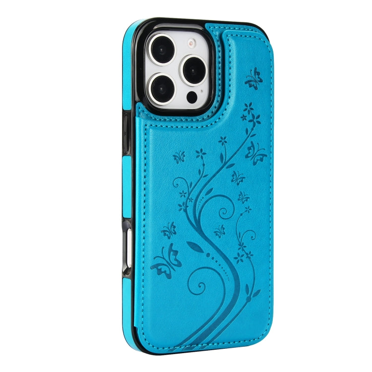 For iPhone 16 Pro Max Double Buckle Butterfly Embossing PU Phone Case(Blue) - iPhone 16 Pro Max Cases by buy2fix | Online Shopping UK | buy2fix