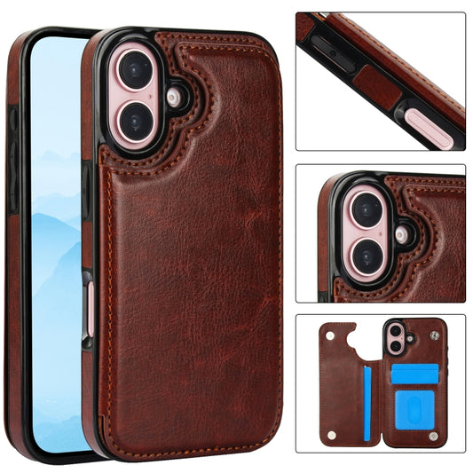 For iPhone 16 Plus Double Buckle Crazy Horse Texture PU Phone Case(Brown) - iPhone 16 Plus Cases by buy2fix | Online Shopping UK | buy2fix