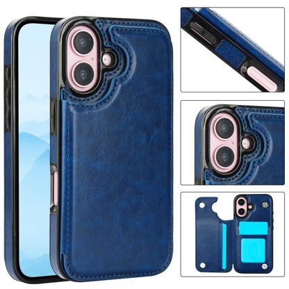 For iPhone 16 Double Buckle Crazy Horse Texture PU Phone Case(Blue) - iPhone 16 Cases by buy2fix | Online Shopping UK | buy2fix