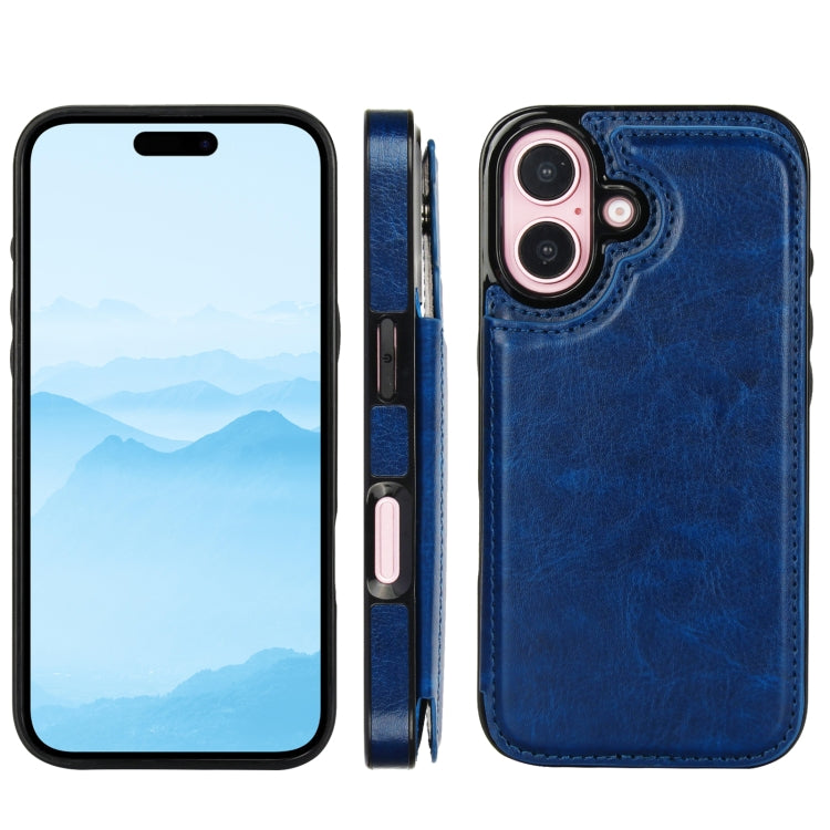 For iPhone 16 Double Buckle Crazy Horse Texture PU Phone Case(Blue) - iPhone 16 Cases by buy2fix | Online Shopping UK | buy2fix