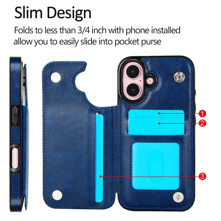 For iPhone 16 Double Buckle Crazy Horse Texture PU Phone Case(Blue) - iPhone 16 Cases by buy2fix | Online Shopping UK | buy2fix