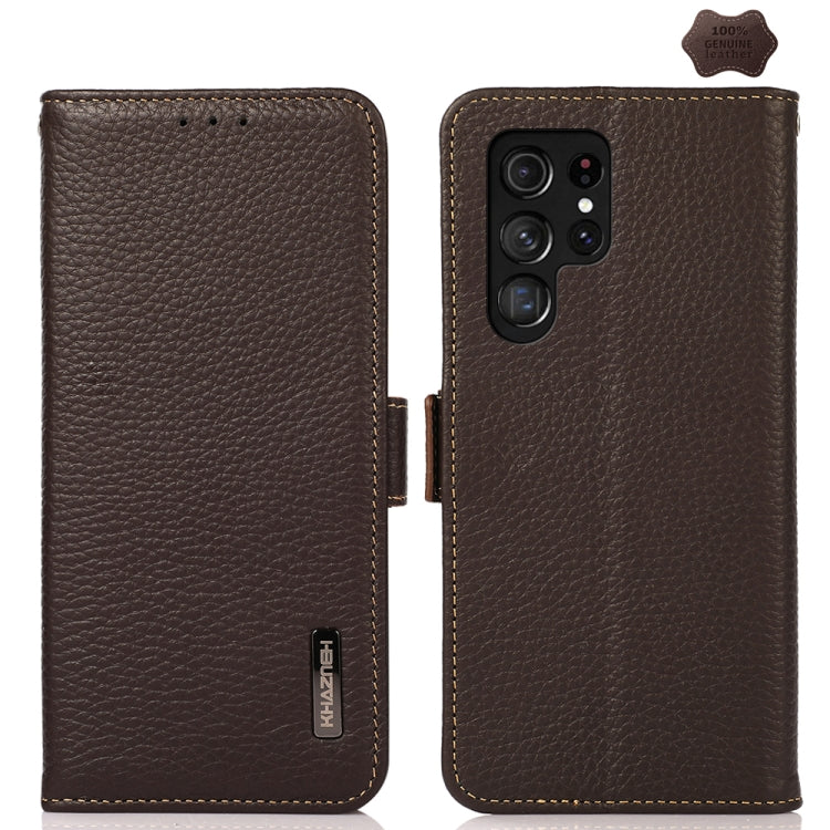 For Samsung Galaxy S25 Ultra 5G KHAZNEH Side-Magnetic Litchi Genuine Leather RFID Phone Case(Brown) - Galaxy S25 Ultra 5G Cases by buy2fix | Online Shopping UK | buy2fix