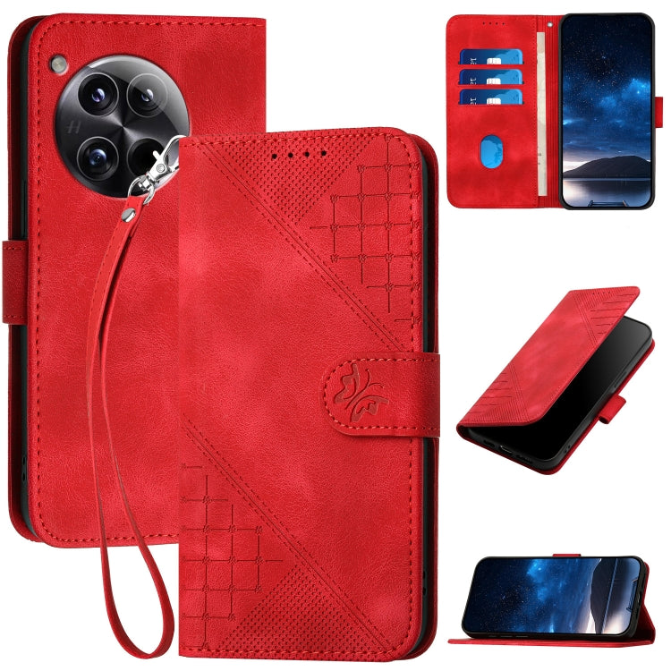 For OnePlus 12 YX0080 Grid Butterfly Embossed Pattern Flip Leather Phone Case with Lanyard(Red) - OnePlus Cases by buy2fix | Online Shopping UK | buy2fix