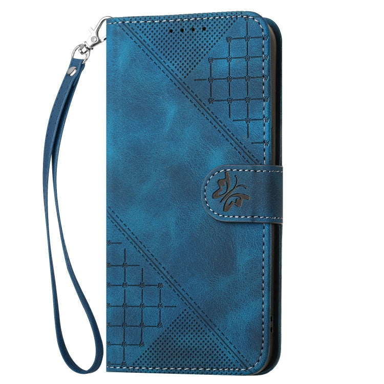 For OnePlus 12 YX0080 Grid Butterfly Embossed Pattern Flip Leather Phone Case with Lanyard(Dark Blue) - OnePlus Cases by buy2fix | Online Shopping UK | buy2fix