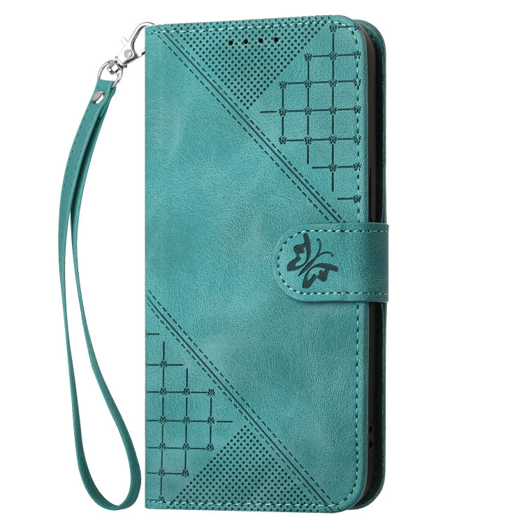 For iPhone 16 Pro YX0080 Grid Butterfly Embossed Pattern Flip Leather Phone Case with Lanyard(Light Blue) - iPhone 16 Pro Cases by buy2fix | Online Shopping UK | buy2fix