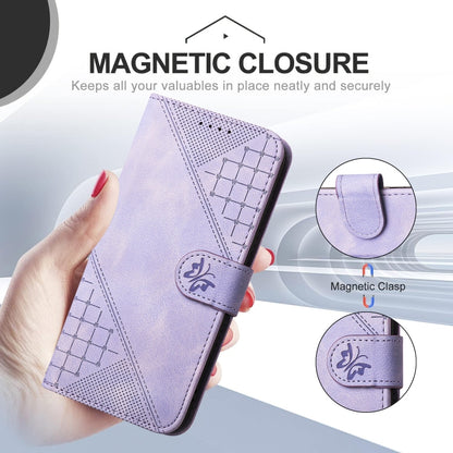 For iPhone SE 2024 YX0080 Grid Butterfly Embossed Pattern Flip Leather Phone Case with Lanyard(Light Purple) - More iPhone Cases by buy2fix | Online Shopping UK | buy2fix