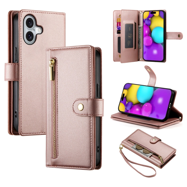 For iPhone 16 Plus Nine Card-slot Zipper Wallet Bag Leather Phone Case(Pink) - iPhone 16 Plus Cases by buy2fix | Online Shopping UK | buy2fix