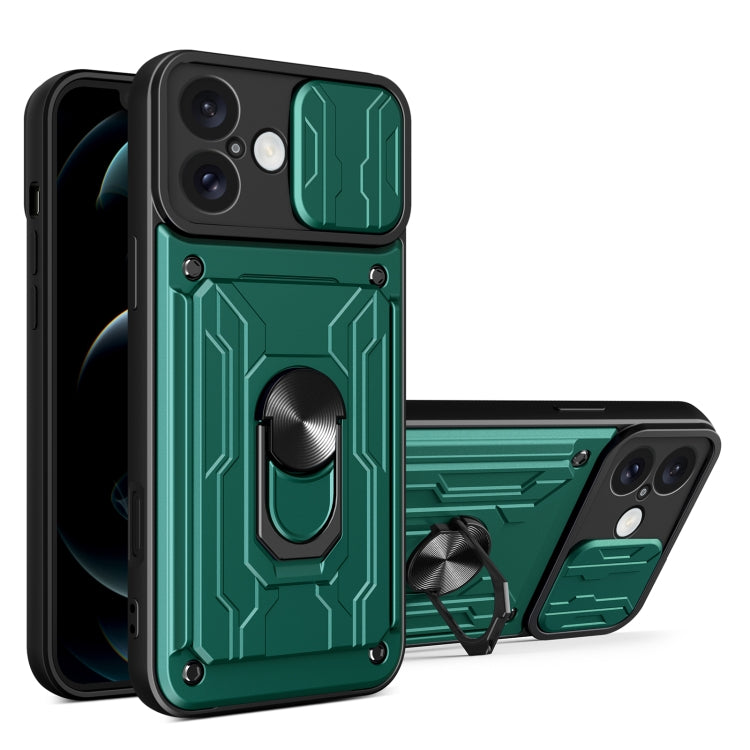 For iPhone 16 Plus Sliding Camshield TPU+PC Phone Case with Card Slot(Dark Green) - iPhone 16 Plus Cases by buy2fix | Online Shopping UK | buy2fix