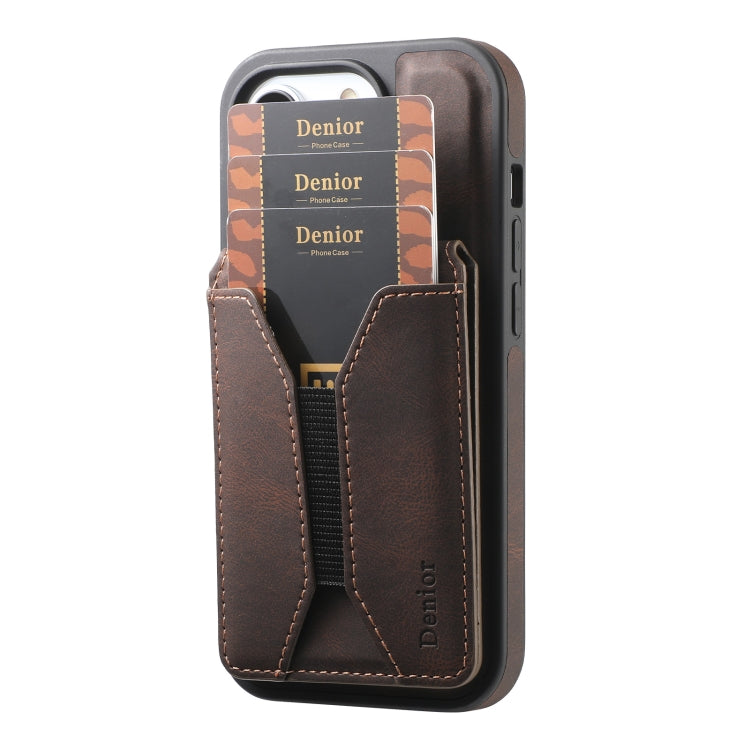 For iPhone 15 Pro Denior D18 Skin Feel Rotating Holder MagSafe Detachable Card Slot Phone Case(Brown) - iPhone 15 Pro Cases by Denior | Online Shopping UK | buy2fix