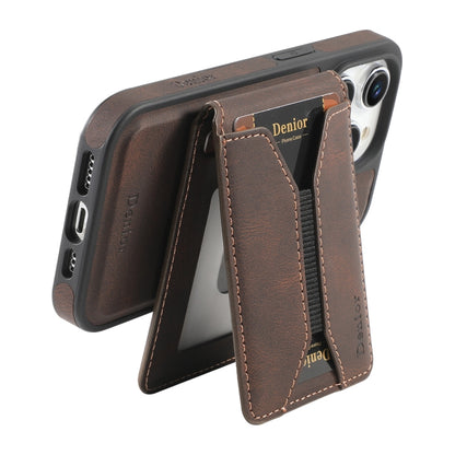 For iPhone 15 Pro Denior D18 Skin Feel Rotating Holder MagSafe Detachable Card Slot Phone Case(Brown) - iPhone 15 Pro Cases by Denior | Online Shopping UK | buy2fix