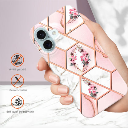 For iPhone 16 Splicing Marble Flower IMD TPU Phone Case(Pink Flower) - iPhone 16 Cases by buy2fix | Online Shopping UK | buy2fix