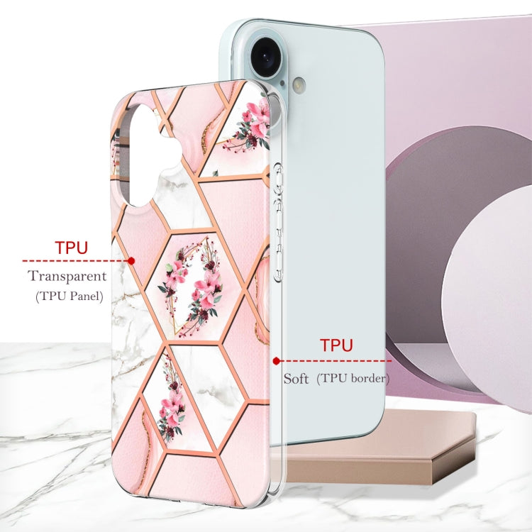 For iPhone 16 Splicing Marble Flower IMD TPU Phone Case(Pink Flower) - iPhone 16 Cases by buy2fix | Online Shopping UK | buy2fix