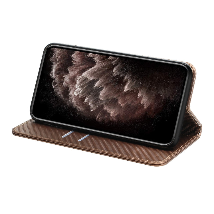 For iPhone 16 Plus Carbon Fiber Texture Magnetic Flip Leather Phone Case(Brown) - iPhone 16 Plus Cases by buy2fix | Online Shopping UK | buy2fix