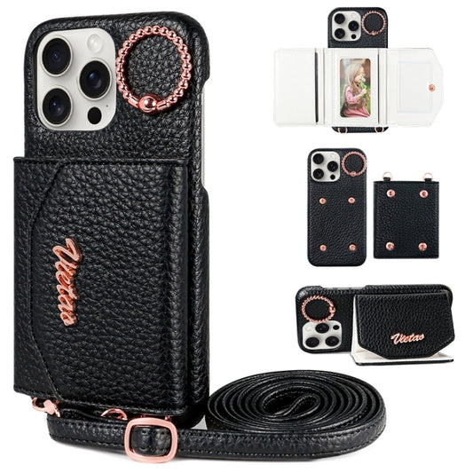 For iPhone 15 Pro VIETAO Ring Holder Card Bag Phone Case with Lanyard(Black) - iPhone 15 Pro Cases by VIETAO | Online Shopping UK | buy2fix