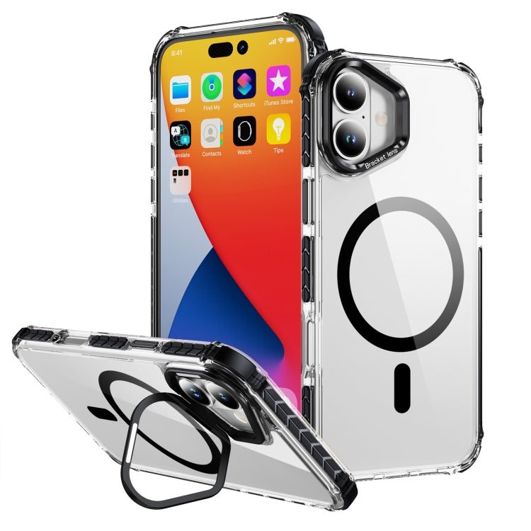 For iPhone 16 Rainbow Series Transparent MagSafe Lens Holder Phone Case(Black) - iPhone 16 Cases by buy2fix | Online Shopping UK | buy2fix