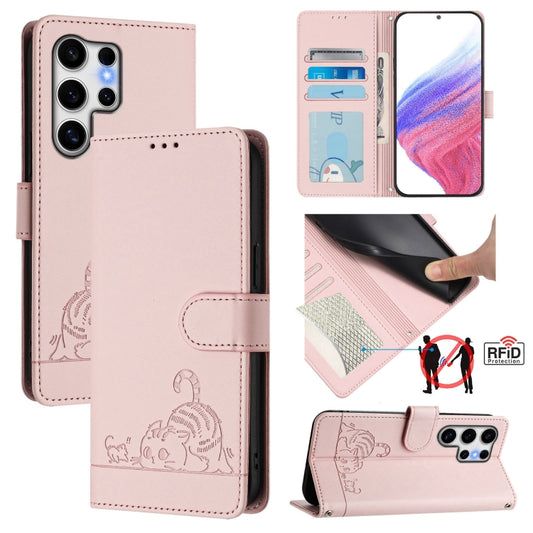 For Samsung Galaxy S25 Ultra 5G Cat Rat Embossed RFID Leather Phone Case with Lanyard(Pink) - Galaxy S25 Ultra 5G Cases by buy2fix | Online Shopping UK | buy2fix