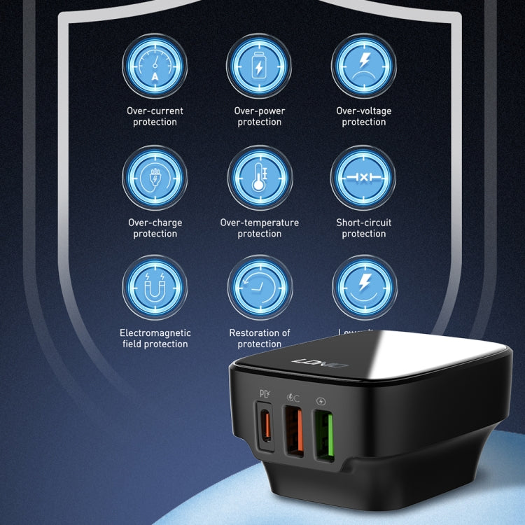 LDNIO Q334 32W Type-C + Dual USB Port Charger with 1m USB-C / Type-C to USB-C / Type-C Data Cable, Plug Type:UK Plug(Black) - USB Charger by LDNIO | Online Shopping UK | buy2fix