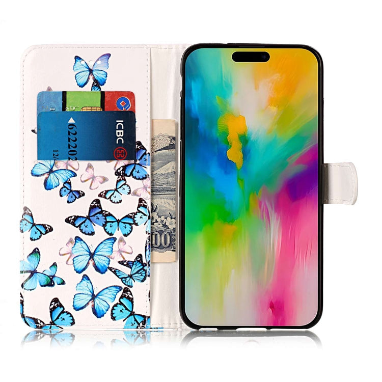 For iPhone 16 Colored Drawing Marble Pattern Leather Phone Case(Little Blue Butterflies) - iPhone 16 Cases by buy2fix | Online Shopping UK | buy2fix