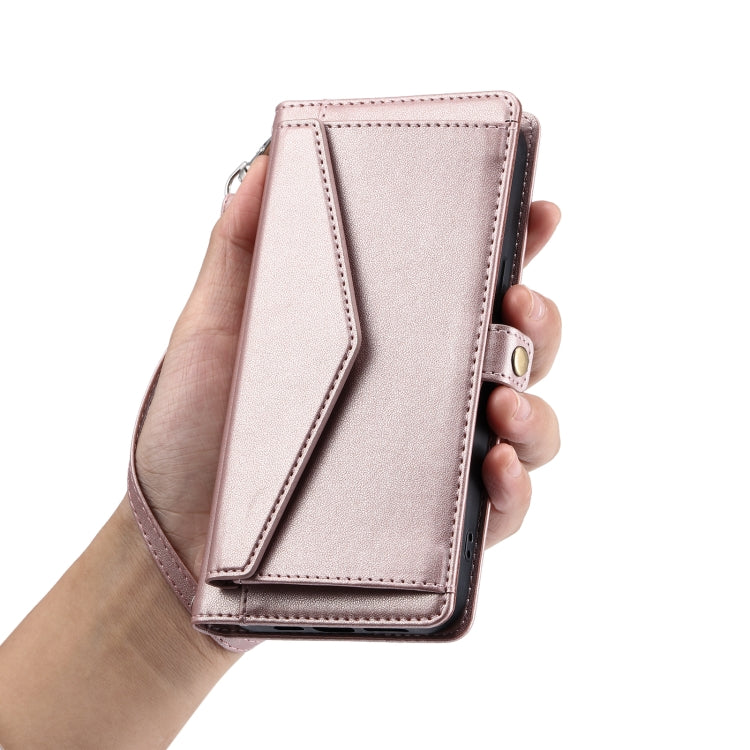 For iPhone 16 Pro Max Wallet Multi-card Slot Leather Phone Case with Lanyard(Rose Gold) - iPhone 16 Pro Max Cases by buy2fix | Online Shopping UK | buy2fix