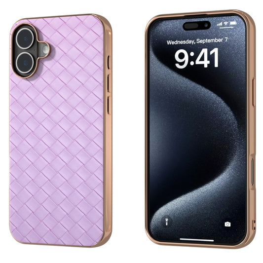 For iPhone 16 Plus Electroplated Frame Woven Texture PU Phone Case(Purple) - iPhone 16 Plus Cases by buy2fix | Online Shopping UK | buy2fix