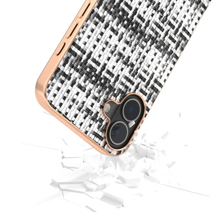 For iPhone 16 Electroplated Frame Color Lattice Texture PU Phone Case(Black) - iPhone 16 Cases by buy2fix | Online Shopping UK | buy2fix