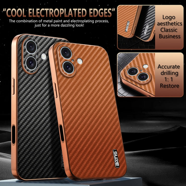 For iPhone 16 Plus AZNS Electroplated Edge Carbon Fiber Texture Phone Case(Brown) - iPhone 16 Plus Cases by AZNS | Online Shopping UK | buy2fix