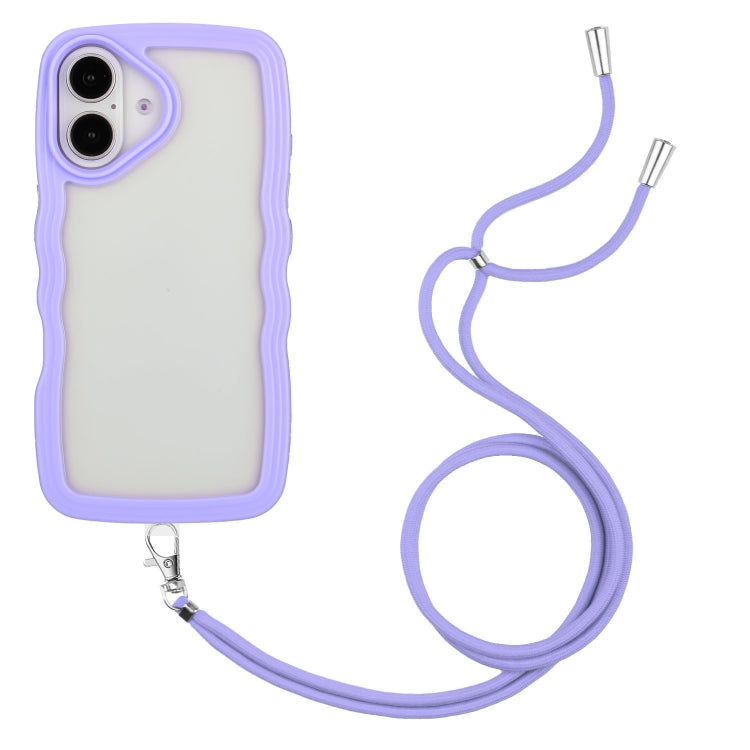 For iPhone 16 Candy Color Wave TPU Clear PC Phone Case with Lanyard(Purple) - iPhone 16 Cases by buy2fix | Online Shopping UK | buy2fix