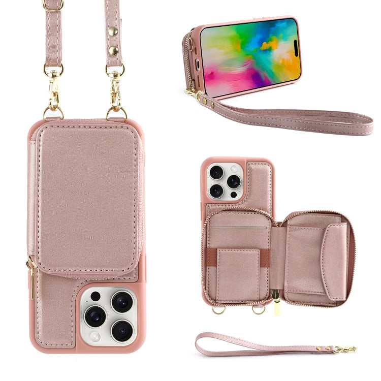 For iPhone 16 Pro Max Crossbody Zipper Wallet Bag Leather Phone Case with Lanyard(Rose Gold) - iPhone 16 Pro Max Cases by buy2fix | Online Shopping UK | buy2fix