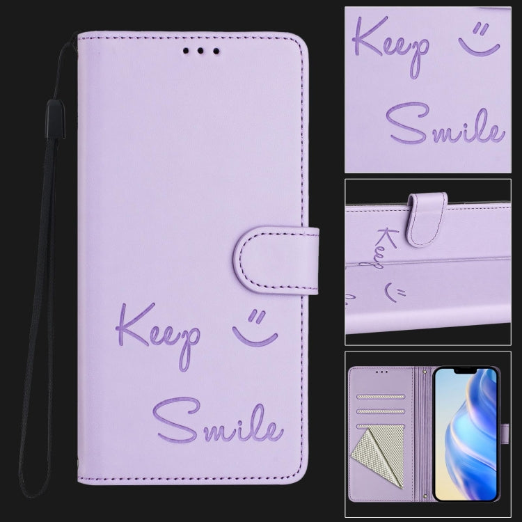 For iPhone 16 Smile Embossing RFID Leather Phone Case(Light Purple) - iPhone 16 Cases by buy2fix | Online Shopping UK | buy2fix