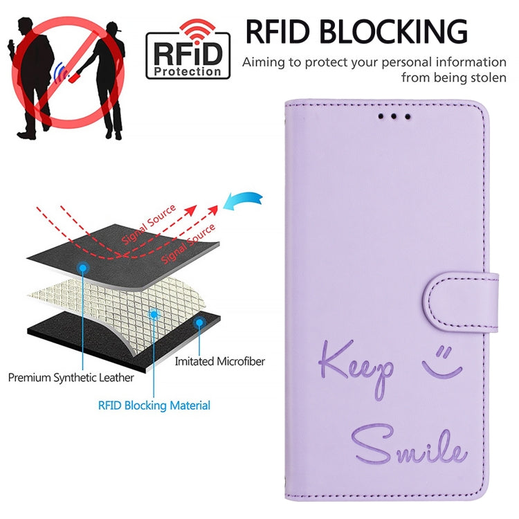 For iPhone 16 Smile Embossing RFID Leather Phone Case(Light Purple) - iPhone 16 Cases by buy2fix | Online Shopping UK | buy2fix