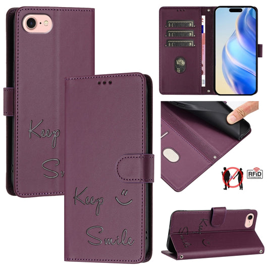 For iPhone SE 2024 Smile Embossing RFID Leather Phone Case(Violet) - More iPhone Cases by buy2fix | Online Shopping UK | buy2fix