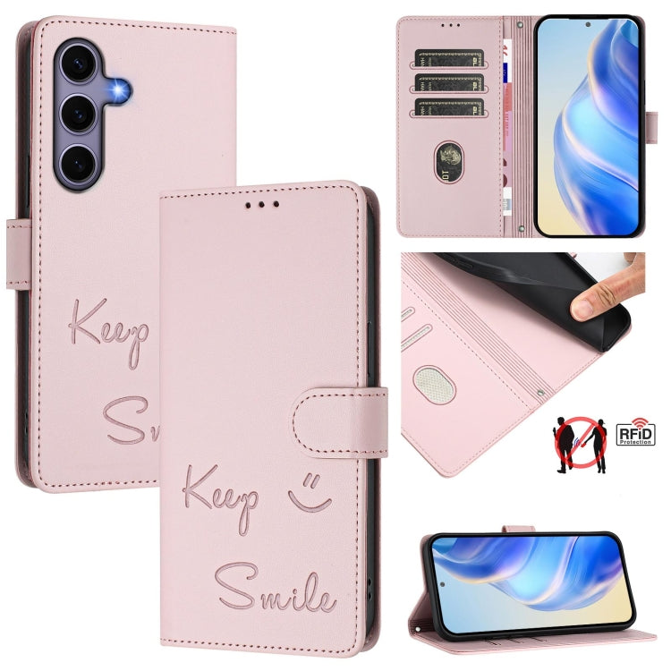 For Samsung Galaxy S25 5G Smile Embossing RFID Leather Phone Case(Pink) - Galaxy S25 5G Cases by buy2fix | Online Shopping UK | buy2fix