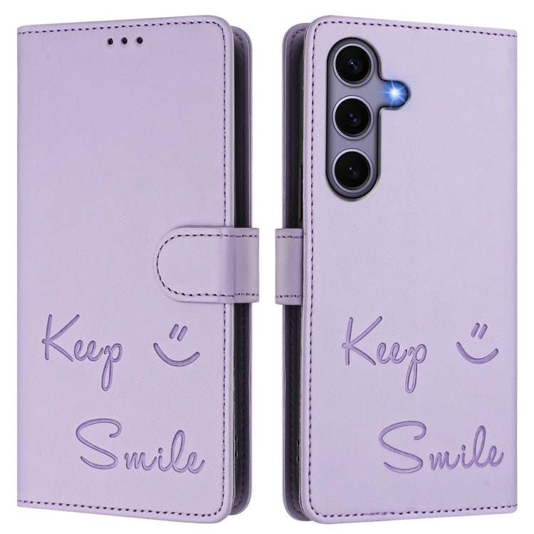 For Samsung Galaxy S25 5G Smile Embossing RFID Leather Phone Case(Light Purple) - Galaxy S25 5G Cases by buy2fix | Online Shopping UK | buy2fix