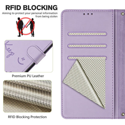 For Samsung Galaxy S25 5G Smile Embossing RFID Leather Phone Case(Light Purple) - Galaxy S25 5G Cases by buy2fix | Online Shopping UK | buy2fix