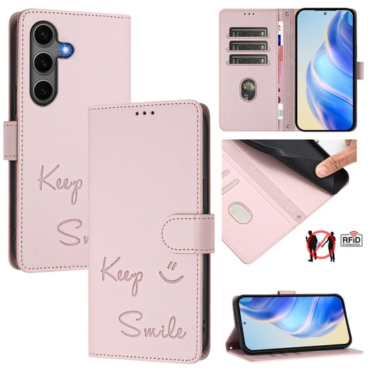 For Samsung Galaxy S25+ 5G Smile Embossing RFID Leather Phone Case(Pink) - Galaxy S25+ 5G Cases by buy2fix | Online Shopping UK | buy2fix