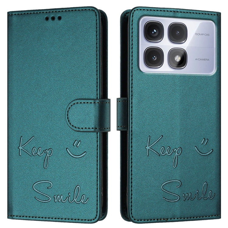 For Redmi K70 Ultra 5G Global Smile Embossing RFID Leather Phone Case(Peacock Green) - Xiaomi Cases by buy2fix | Online Shopping UK | buy2fix