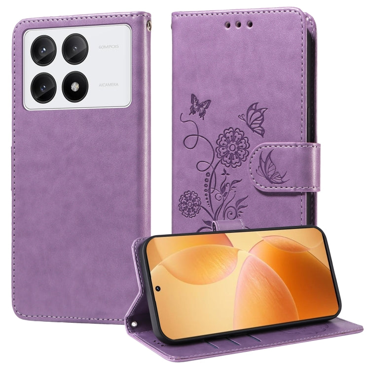 For Redmi K70 / K70 Pro Embossed Butterfly Flowers Leather Phone Case(Purple) - K70 Cases by buy2fix | Online Shopping UK | buy2fix