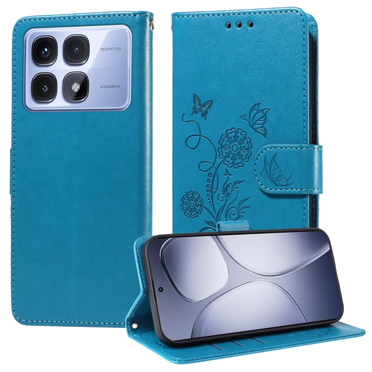 For Redmi K70 Ultra Embossed Butterfly Flowers Leather Phone Case(Blue) - Xiaomi Cases by buy2fix | Online Shopping UK | buy2fix