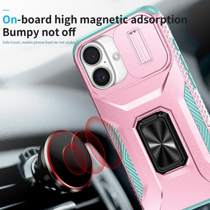 For iPhone 16 Sliding Camshield Holder Phone Case(Pink + Grey Green) - iPhone 16 Cases by buy2fix | Online Shopping UK | buy2fix