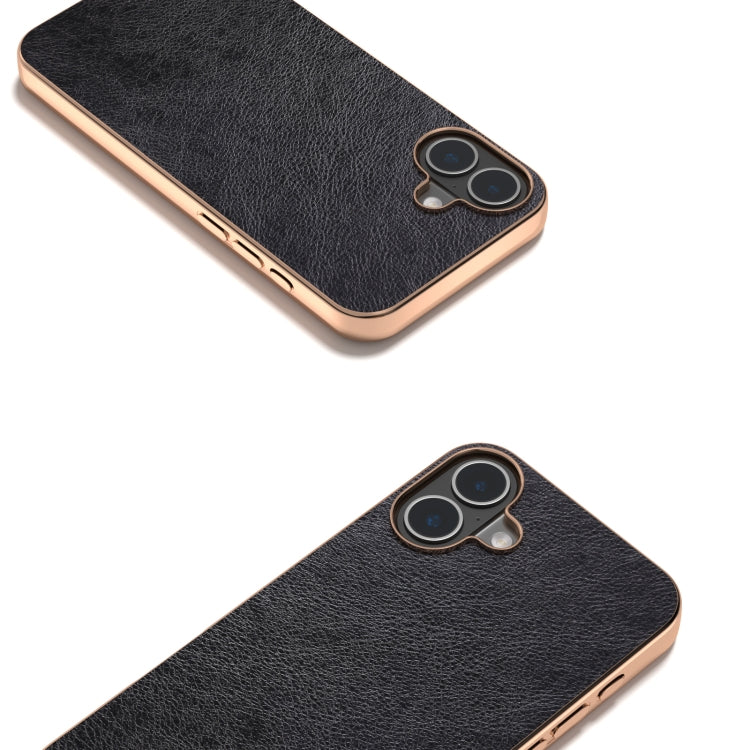 For iPhone 16 Plus Nano Electroplating Dual Color Lichi Texture PU Phone Case(Black) - iPhone 16 Plus Cases by buy2fix | Online Shopping UK | buy2fix