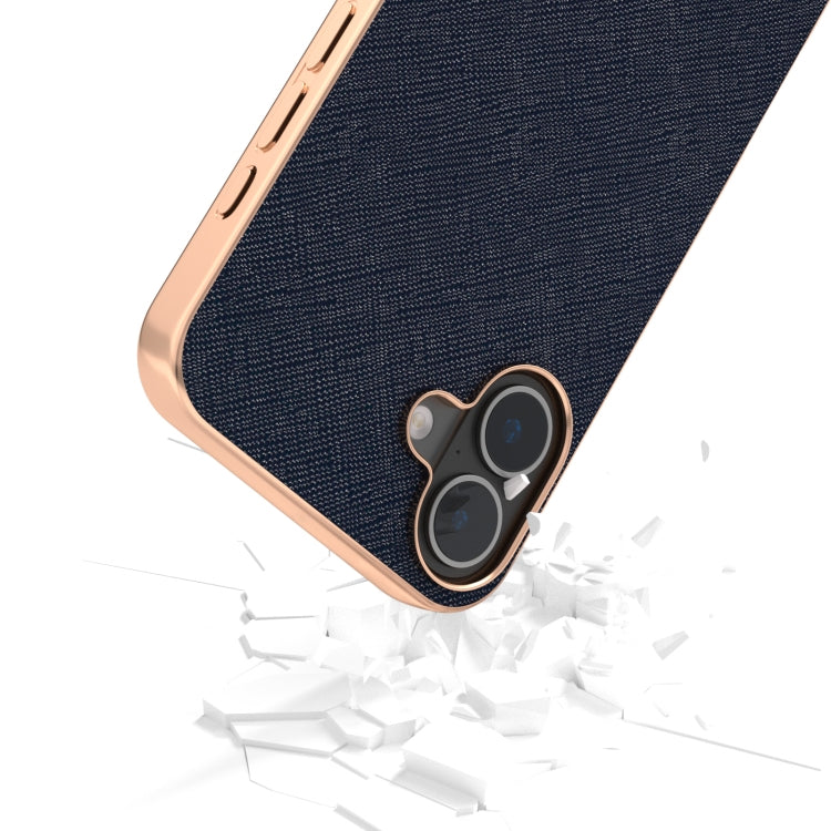 For iPhone 16 ABEEL Electroplating Frame Cross Texture Genuine Leather Phone Case(Blue) - iPhone 16 Cases by buy2fix | Online Shopping UK | buy2fix