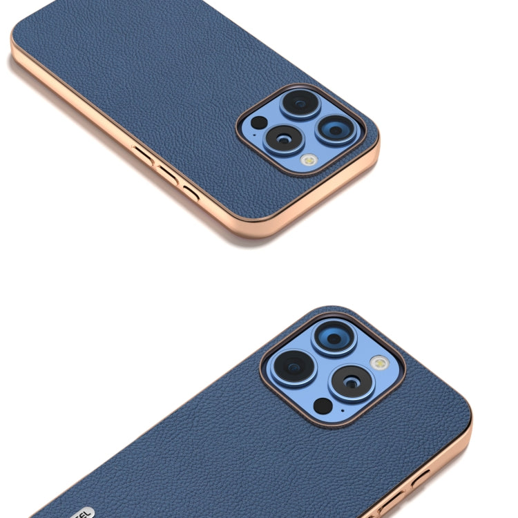 For iPhone 16 Pro ABEEL Electroplating Frame Genuine Leather + PC Litchi Texture Phone Case(Blue) - iPhone 16 Pro Cases by buy2fix | Online Shopping UK | buy2fix