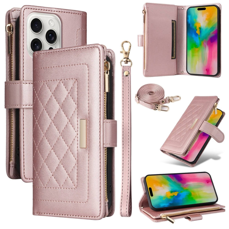 For iPhone 16 Pro Max Crossbody Zipper Wallet Rhombus Leather Phone Case(Rose Gold) - iPhone 16 Pro Max Cases by buy2fix | Online Shopping UK | buy2fix