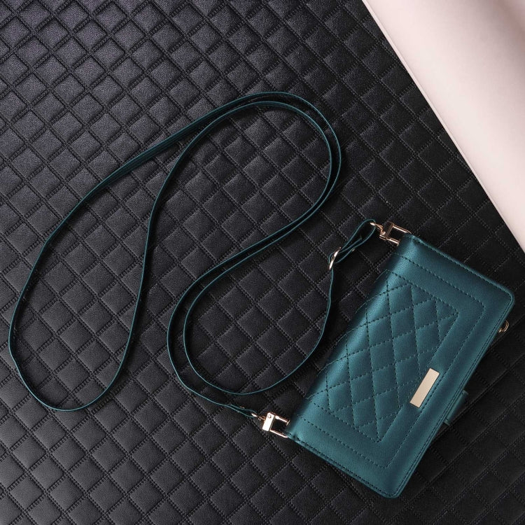 For iPhone 16 Plus Crossbody Zipper Wallet Rhombus Leather Phone Case(Green) - iPhone 16 Plus Cases by buy2fix | Online Shopping UK | buy2fix