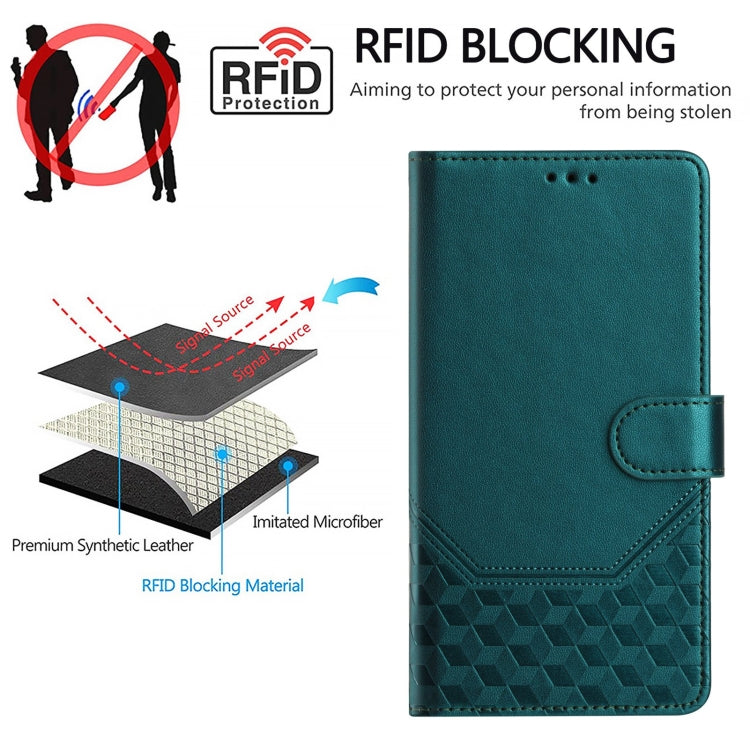 For Motorola Moto G Power 5G 2024 Honeycomb Embossing RFID Leather Phone Case(Peacock Green) - Motorola Cases by buy2fix | Online Shopping UK | buy2fix