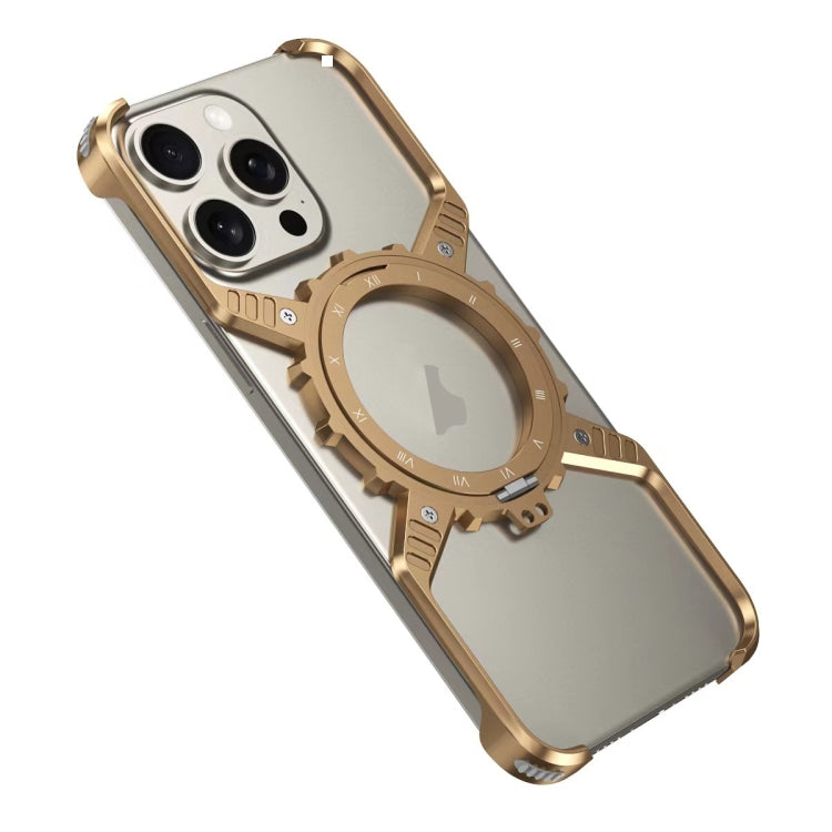 For iPhone 16 Mechanical Gear MagSafe Holder Borderless Metal Phone Case(Gold) - iPhone 16 Cases by buy2fix | Online Shopping UK | buy2fix