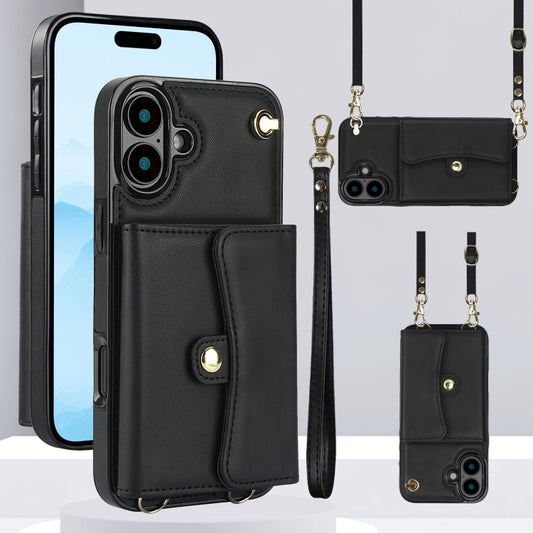 For iPhone 16 Plus RFID Card Slot Phone Case with Long Lanyard(Black) - iPhone 16 Plus Cases by buy2fix | Online Shopping UK | buy2fix